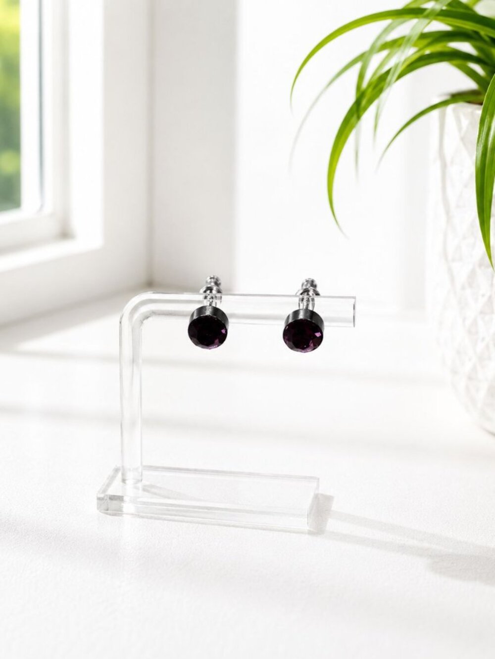Purple Crystal Stud Earrings With Steel Backing